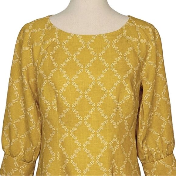 Boden Kate Mustard Yellow Pineapple 3/4 Sleeve 100% Linen Dress Size 8 Petite - Picture 5 of 9